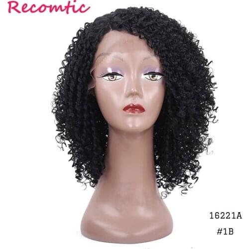 Recomtic 14inch Short Hair Kinky Curly Wig Synthetic Hair Extensions Lace Front Wig African American Wigs for Black Women