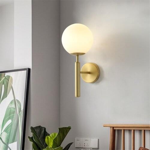 Luxury White Glass Shade Wall Lamps Bedroom Copper Sconce Wall Lights Nordic Brass Ball Deco Bathroom Mirror Headlight Fixtures