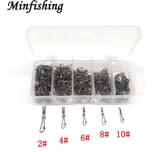 Minfishing 250 pcs/set Fishing Swivel MS+QL Rolling Swivel with Strong Snap Size 2 4 6 8 10 Hook Connector Rock Fishing Tackle
