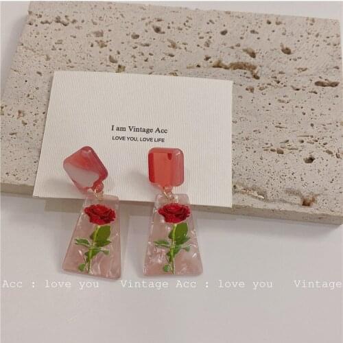 Korean Retro Geometric Color Earrings Girly Style Rose Acrylic Earrings Classic Fashion Personality Earrings Female Trend