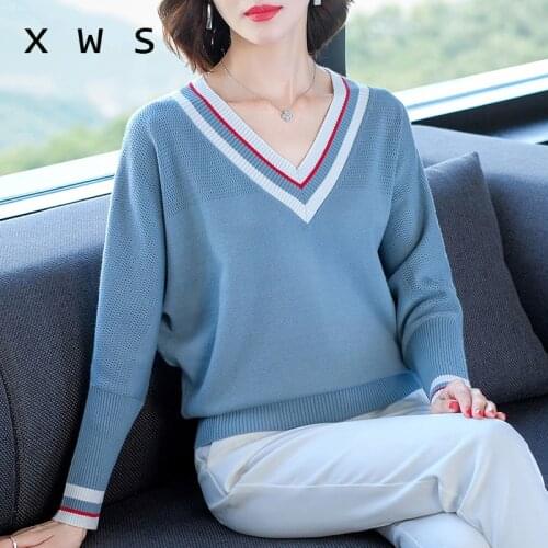Chic casual Autumn Winter Basic Sweater pullovers Women v-neck stripe Knit Slim Pullover female Long Sleeve warm Khaki Sweater