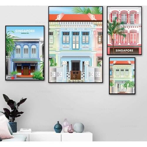 Singapore Travel Cartoon Poster Shophouse Print Photography Vector Wall Art Canvas Painting Modern Nordic Livingroom Home Decor