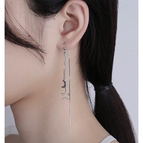 Starose 1 Pair Silver Color Star Moon Long Chain Earrings for Women Girl Lobe Piercing Tassel Helix Earring Party Ear Jewelry