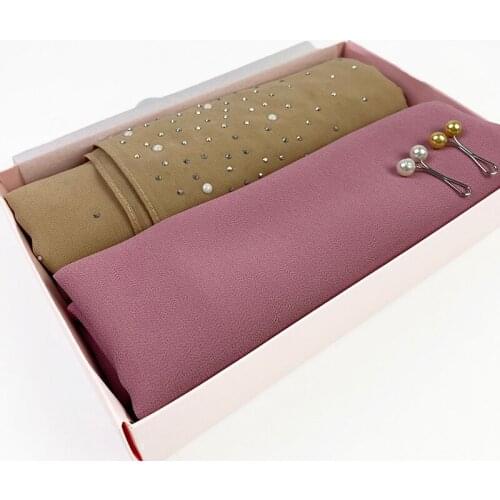 Rhinestone Chiffon Hijab Scarf Gift Box Set Plain Headscarf Islamic Crystal Hijab Shawls and Wraps Women Muslim Foulard