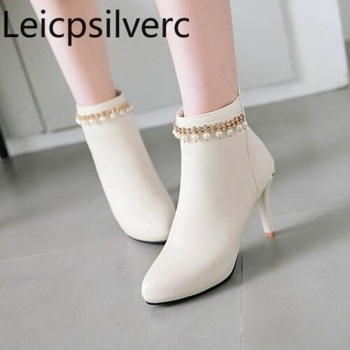 Womens Boots winter New Pointed pearl Crystal String Bead zipper Fine heel High heel Short tube Womens shoes plus size 34-43