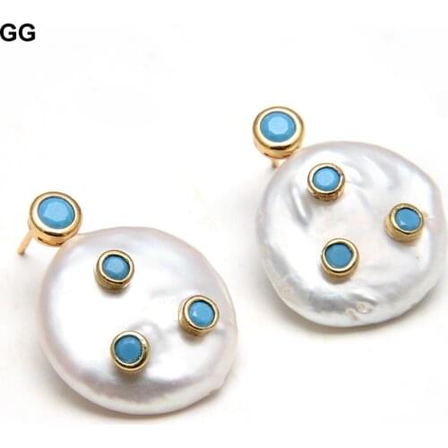 GuaiGuai Jewelry Natural Freshwater Cultured White Coin Pearl Turquoises Blue Cz Pave Gold Color Plated Stud Earrings For Women