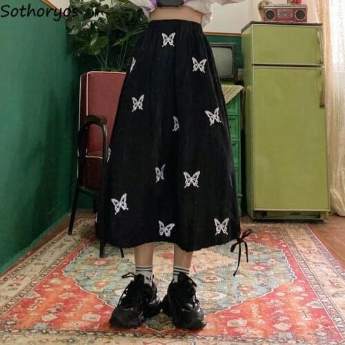 Skirts Women Stylish Street-wear Cargo Printed Drawstring Japanese Style Girls Mid-calf Loose Vintage Elastic Waist Leisure Chic