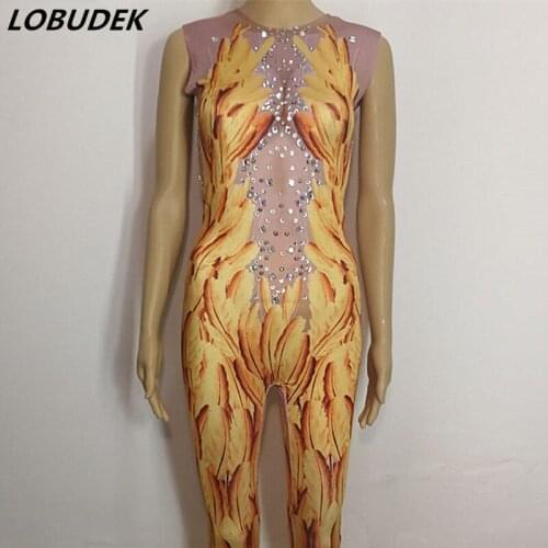 Women Club DS Crystals Stage Costume Bling Rhinestones 3D Printed Jumpsuit Sexy Bar Party Singer Stage Wear DJ Pole Dance Outfit
