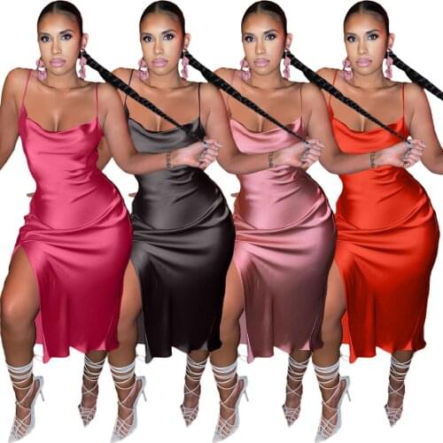 2021 Women Long Dress Spaghetti Strap Solid Color Split Out Streetwear Party Night Clubwear Summer Clothes For Women Outfit