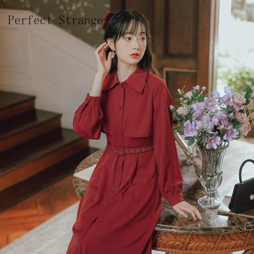 2021 Autumn New Arrival High Quality Retro Polo Collar Collect Waist Long Sleeve Women Long Dress With Belt