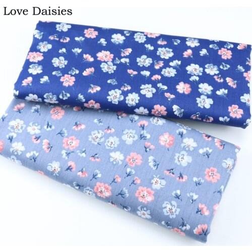 100% Cotton Twill BLUE GRAY Pastoral Small Pink White Flowers Floral Printed Fabric for DIY Bedding Apparel Dress Handwork Decor