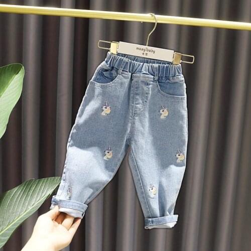 2021 Baby Girl Pants Casual Soft Embroidered Denim Mid Waist Leggings Solid Color Infant Clothing Little Girls Jeans Pants