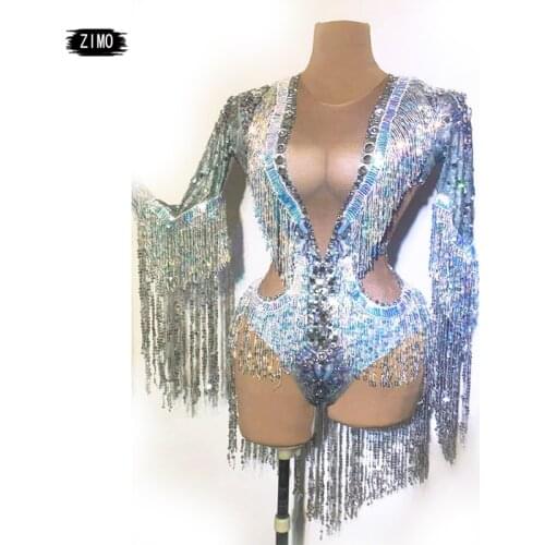 Sparkly Silver Rhinestone Sequin Tassel Bodysuit Women Latin Dance Fringes Jumpsuit Club Bar Wear Singer Leotard Stage costume