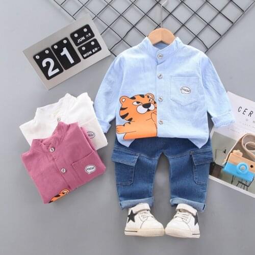 Baby Spring Autumn Children Outing Clothes Toddler Cartoon Boy Girls Solid blouses Cotton Shirt Jeans 2Pcs/sets Infant Kids sets