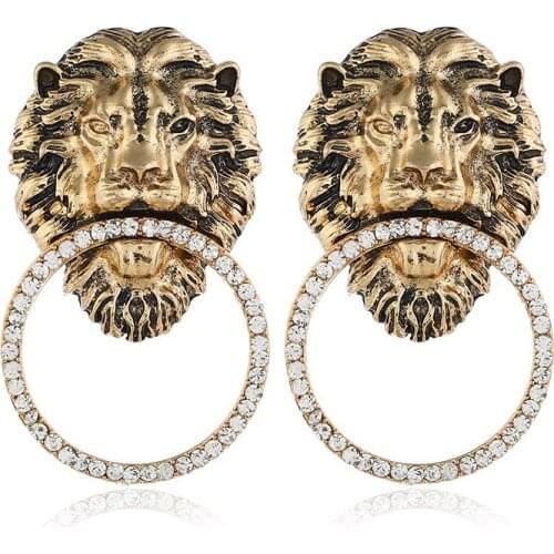 Exaggerated Lady Jewelry Accessories Animal Lion Stud Round Shape Rhinestone Hanging Earrings 2021 Trend for Women Party Gift