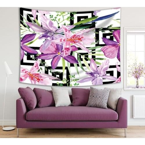Tapestry Wildflowers Orchids Leaves Pattern on Geometric Black and White Background Watercolor Art Purple Green