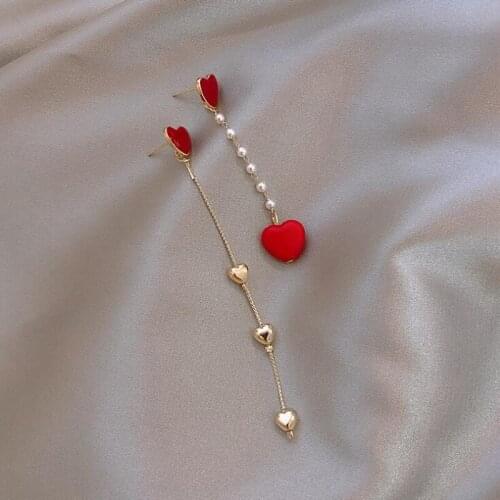 EM098 personality Heart Long Tassel Imitation Pearl Asymmetry Alloy Drop Earrings Popular Accessories Wholesale