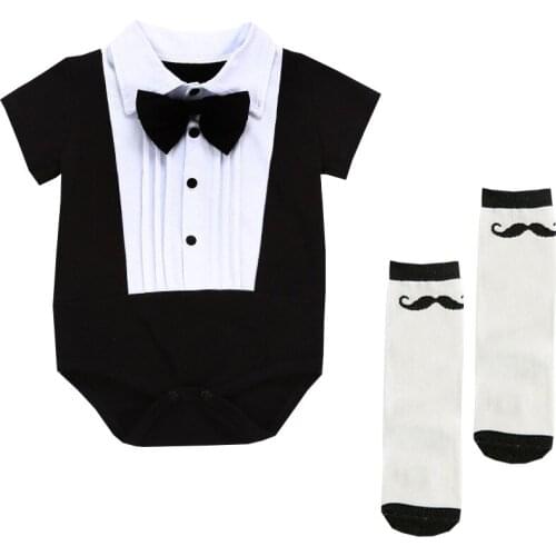 Infant Boy Formal Bow Tie Suits Newborn Boys High Qulity Gentle Rompers with Socks European Children Clothes One Piece Jumpsuits
