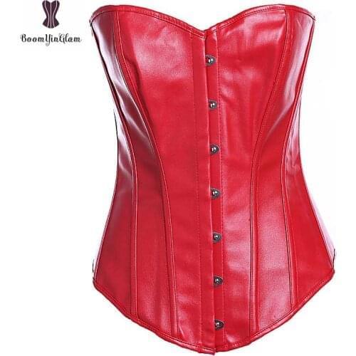 Faux Leather Corset Front Buckle Closure Overbust Black Red Sexy Women Overbust Corselet Plus Size Elastic Boned Bustier Korset
