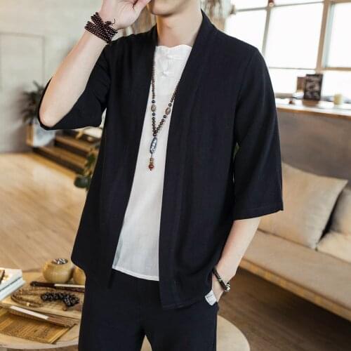 Chinese-Style Summer Pure Color Hanfu Mens Three-Quarter Sleeve Cardigan Shirt