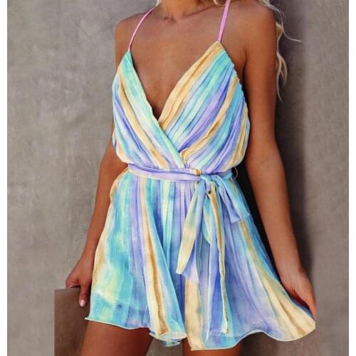 Fashionable Short Dress Ruffled Low Cut Belt Sling Dress Backless Colorful V-neck Off-the-shoulder Summer Dress Daily Wearing