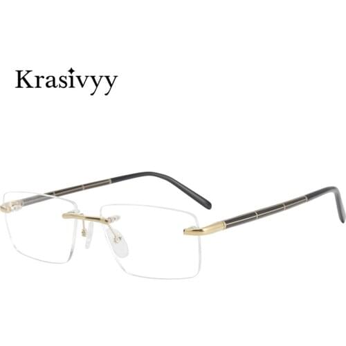 Krasivyy Wooden Rimless Glasses Frame Men Top Quality Myopia Optical Prescription Eyeglasses Male B Titanium Square Eyewear