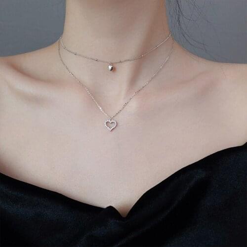 925 Sterling Silver Double Heart-shaped Necklace Simple Clavicle Chain Shiny Zircon Hollow Pendant Female Temperament Jewelry