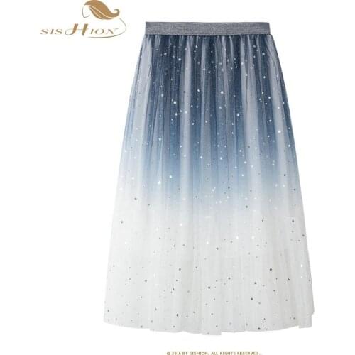 SISHION Pretty Midi Skirt WF0051 Gradient Color Female Long Tulle Skirt Sparkling Starry Stars Tutu Skirt Plus Size
