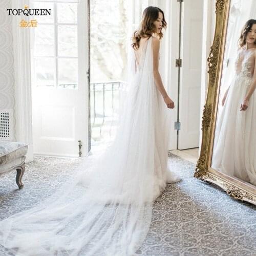 TOPQUEEN G41 Sexy Reverse Decoration Cloak Bridal Shawl Bolero Capes for Dress Robe Cape Shawls and Wraps Wedding Cape Long Veil
