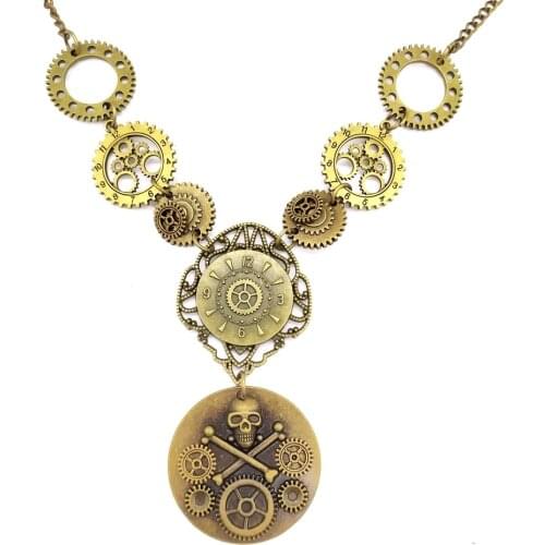 Vintage Bronze Multi Gears and Pirate Skull Pendant Women`s Steampunk Necklace