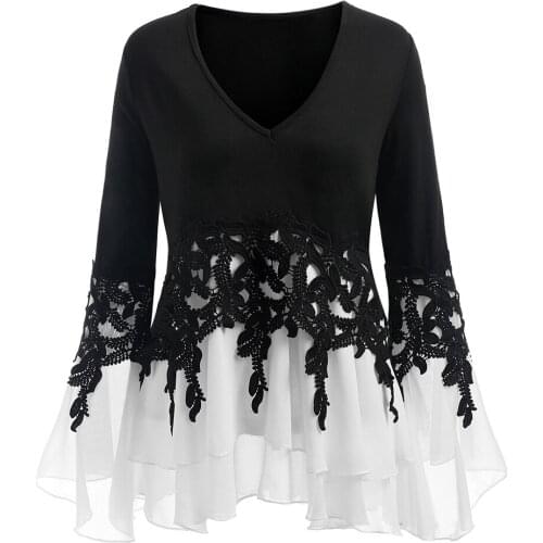 Plus Size 5XL Sexy Bell Flare Sleeve Chiffon Tunic Tops Lace Crochet Peplum shirts V-Neck Blusas Women Clothing Big Size