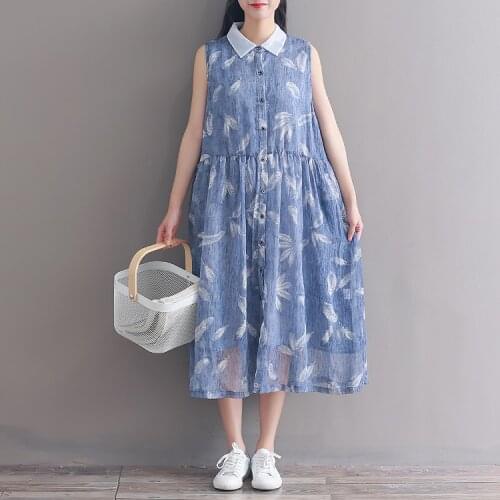 Womens New 2019 Loose Literary Print Contrast Color Shirt Sleeveless Long Double Layer Dress