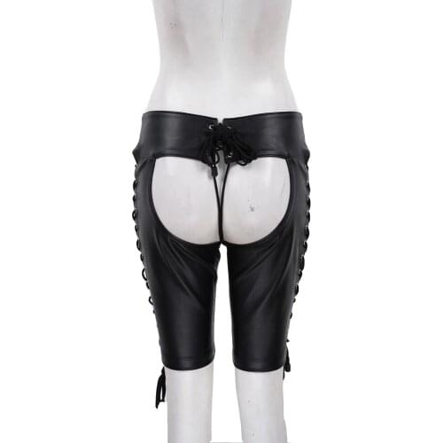 Women Black PU Leather Open Butt Body Harness Shorts Lace-up Hot Pants Short Trousers Bottoms Mistress Fetish Costume