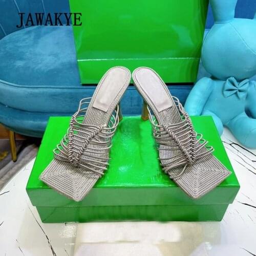 Narrow Band Runway Mules Women High Heels Slippers Real Leather Square Toe Stilettls Women Sandals Sexy Knotted Net Party Shoes