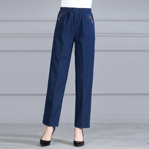 Plus Size Casual Pants Women Winter Elastic Waist Jeans Elasticity Straight Pants Middle aged Female High waist Denim Pants 2006