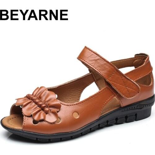 BEYARNE Summer gladiator sandals women flat cover heel hook loop fashion Bowknot genuine leather sandals women comfortable shoes