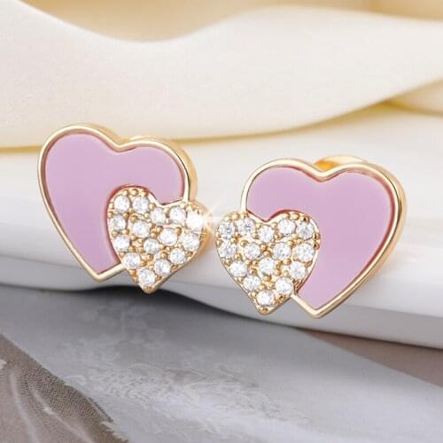 2021 New Fashion Korean Love Stud Earrings For Women Pink Enamel Double Heart Earring Jewelry Statement Female Gift Accessories