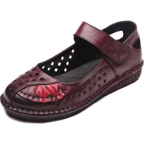 Summer Women Ballet Flats Vintage Round Toe Female Casual Loafers Cut Out Genuine Leather Shoes Woman 35-41 XKD8045