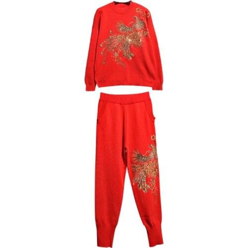 Fashion Autumn 2 piece Set Women Peacock Embroidery Beading Long Sleeve Knitted Sweater+Casual Pants Two Piece Set Female