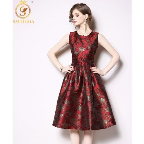 SMTHMA 2021 New Spring Vintage Jacquard Dress Elegant Slim Ladies Women Casual Party Dresses Vestidos Free Belt