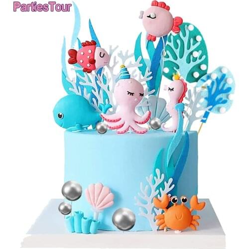 Sea Life Birthday Cake Toppers Fish Seahorse Shell Octopus Figures Cake Decor Kids Whale Topper Ocean Theme Birthday Party Decor