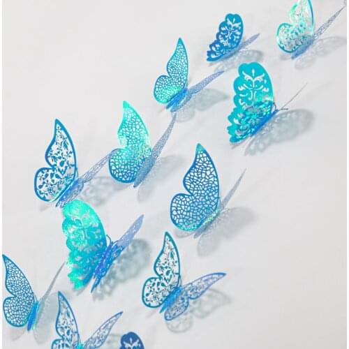 12Pcs Mirror Paper Iridescent Sky Blue 3D Hollow Butterflies Wall Stickers Party Butterfly Decal Wedding Room Home Decorations
