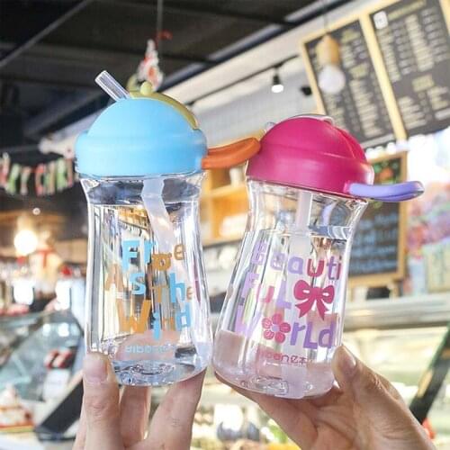330ml Children Water Bottle Straw Small Cartoon Portable Plastic Water Cup Transparent Outdoor Cold Juice Water Sports Cup