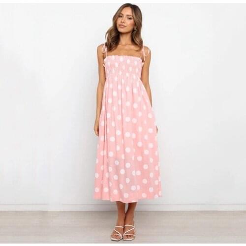 Ardm Elegant Suspender Polka Dot Women Dress Summer Solid High Waist Elastic Ruffled A-line Dresses Ladies Summer Midi Dress