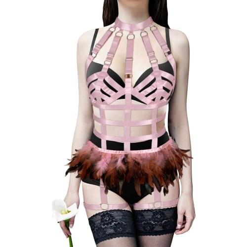 Feather Strappy Harness Bra for Women Sexy Bdsm Lingerie Set Body Cage Bralette Punk Goth Fetish Bondage Halloween Rave Garter