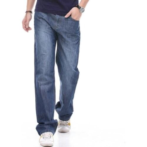 Plus Size 44 Jeans Spring Autumn Mens Denim Pants Mens Loose Straight Long Trousers Seasons Business Casual Cowboy Men Bottoms