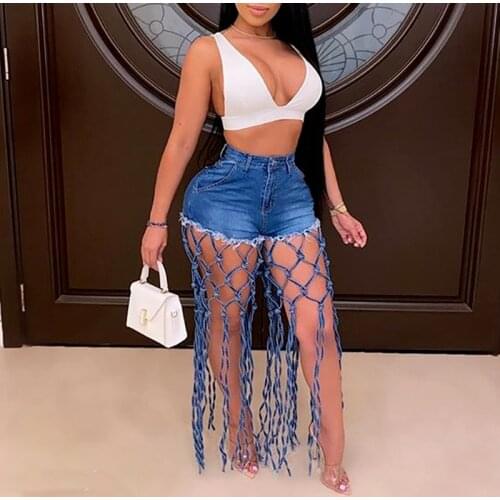 Fashion Women Jeans High Waist Hollow Out Elastic Tassel Denim Pants Hot Shorts Female Casual Streetwear Sexy Trousers 2021 New
