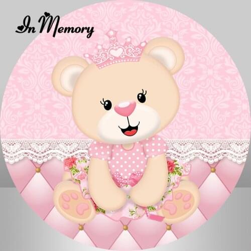 InMemory Pink Theme Round Circle Photography Backgrounds Girls Cartoon Bear Crown Lace 1st Birthday Party Newborn Backdrops