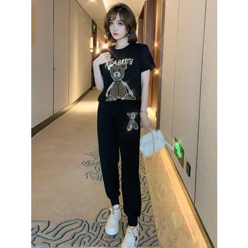 Drills very little bear cute round collar T-shirt + high girded feet pants suit new female summer