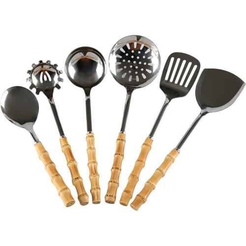 Kitchen Cooking Bamboo Wooden Handle Rice Serving Soup Scoop Ladle Slotted Spoon Shovel Turner Spatula Spaghetti Pasta Server